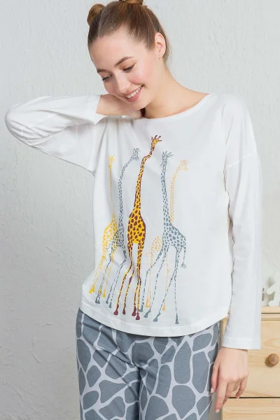 Smetanové dámské pyžamo dlouhé Vienetta Žirafy