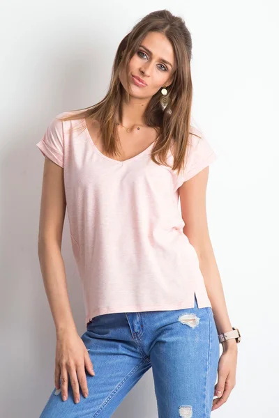 Dámské bavlněné melanžové triko s růžovým výstřihem do V FPrice