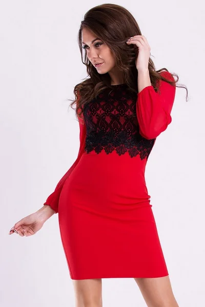 Dámské společenské dámské šaty Emamoda s dlouhými rukávy červeno-černé - Červená L - Emamo