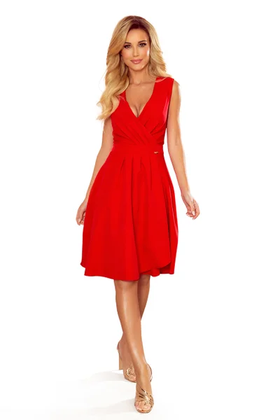 Elegantní červené dámské šaty s dekoltem a záložkami Numoco Elena 338-1