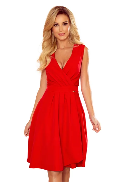 Elegantní červené dámské šaty s dekoltem a záložkami Numoco Elena 338-1