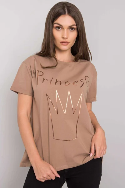Tmavě béžové dámské bavlněné triko s potiskem FPrice