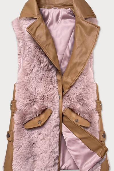 Dámská elegantní vesta v karamelovo-růžové barvě z eko kůže a kožešiny QR768 S'WEST (v bar