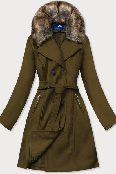 Dámský kabát v khaki barvě s kožešinou RX481 Ann Gissy