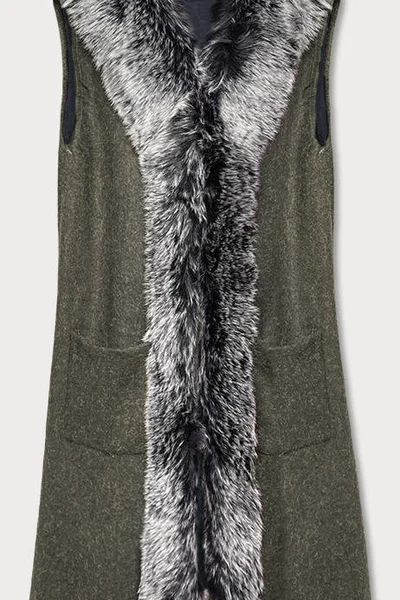 Dámská dlouhá vesta v khaki barvě s kožešinou P156 Mar&Go