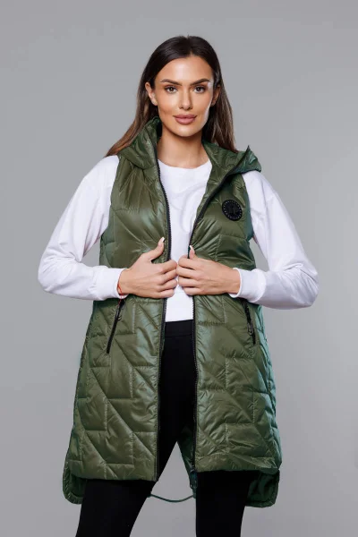 Khaki lesklá prošívaná vesta s kapucí S'WEST