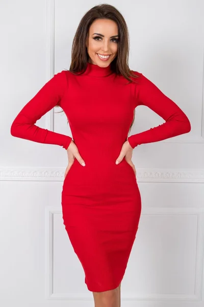 Červené upnuté rolákové šaty s dlouhým rukávem Rue Paris