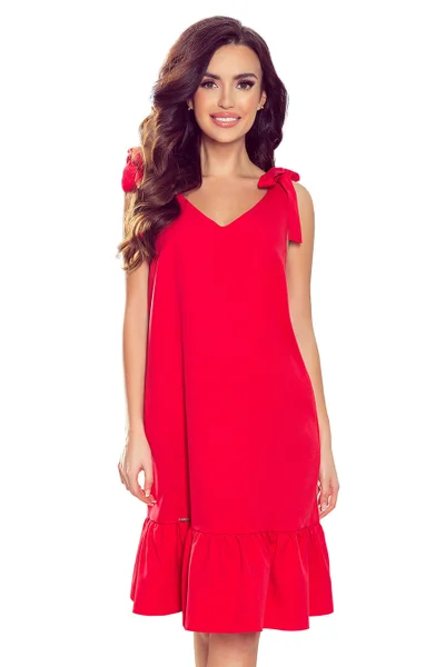 Červené dámské šaty s mašličkami na ramenou a s volánkem Numoco 306-1