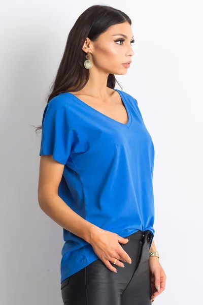 Tmavě modré dámské bavlněné tričko s výstřihem do V FPrice