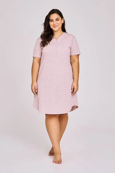 Světle růžová pruhovaná bavlněná noční košile plus size Taro