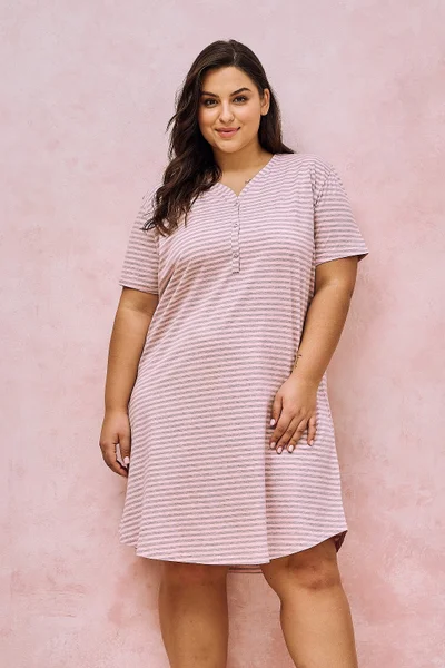 Světle růžová pruhovaná bavlněná noční košile plus size Taro