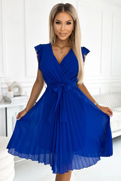 Královsky modré elegantní dámské šaty s rozšířenou plisovanou sukní Numoco