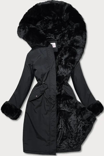 Černý dámský zimní kabát s kožíškem MHM