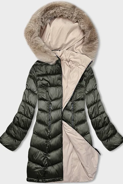 Khaki-béžový dámský kratší prošívaný oboustranný kabát S'WEST