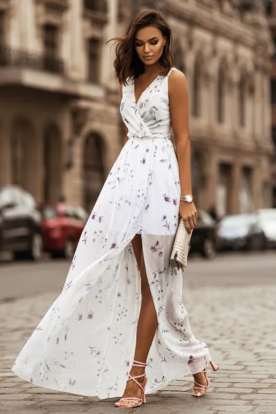 Bílé dámské dlouhé šaty s vysokým rozparkem IVON