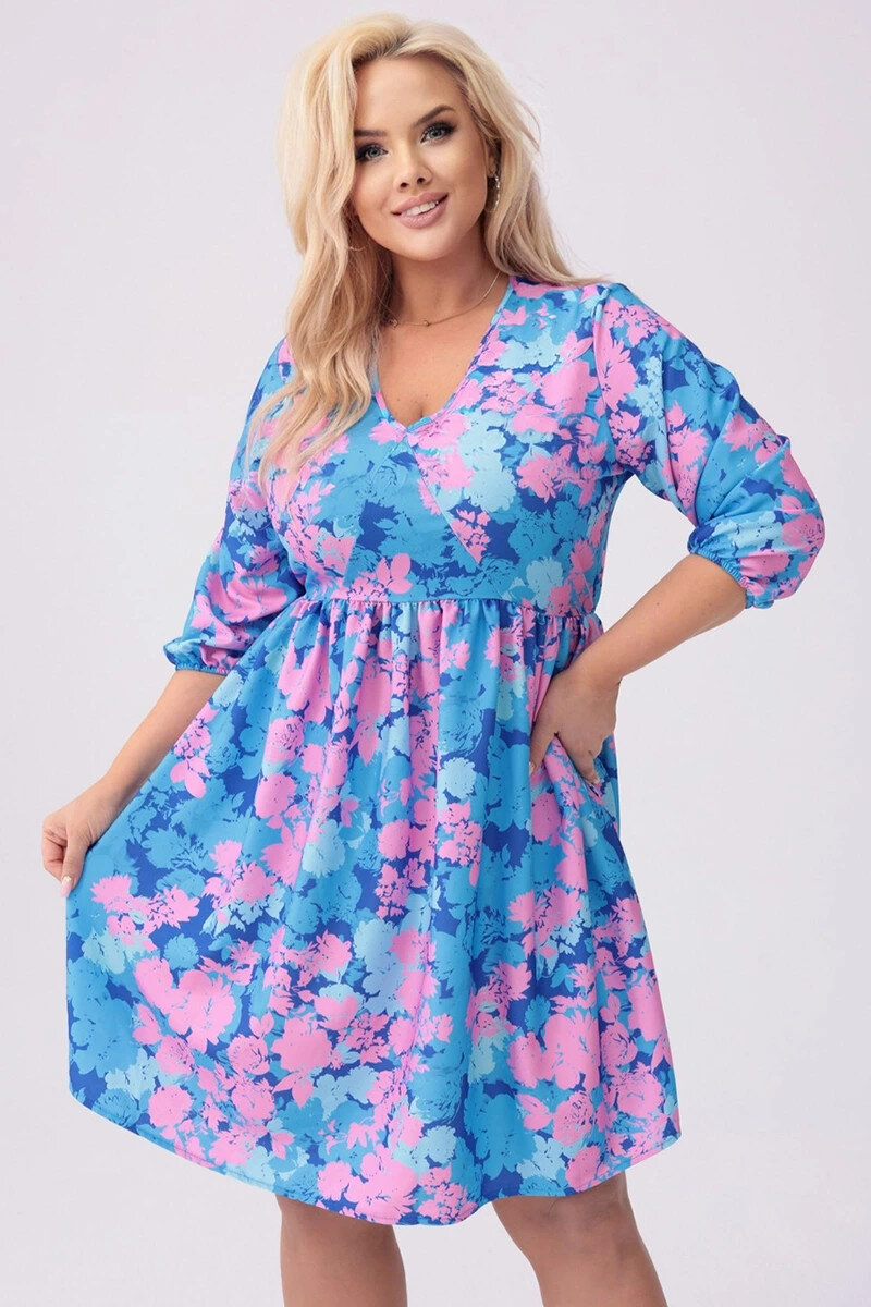 Růžovo-modré dámské vzorované šaty s 3/4 rukávy Moon plus size, odstíny modré XXL (44) i392_24040-48