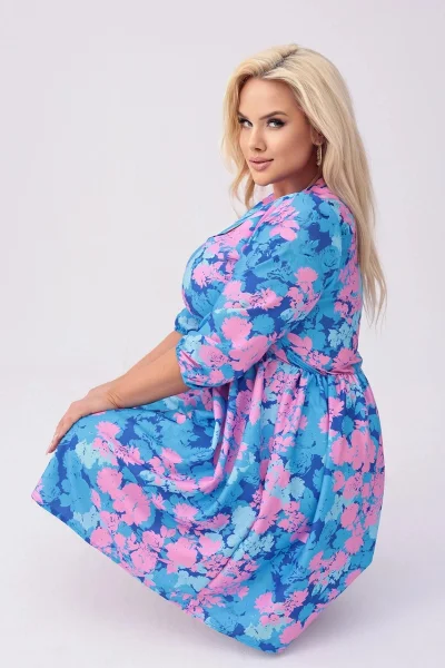 Růžovo-modré dámské vzorované šaty s 3/4 rukávy Moon plus size