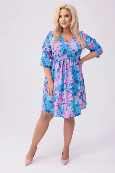 Růžovo-modré dámské vzorované šaty s 3/4 rukávy Moon plus size