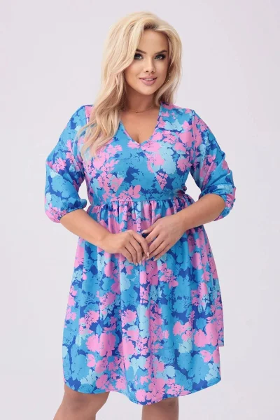 Růžovo-modré dámské vzorované šaty s 3/4 rukávy Moon plus size