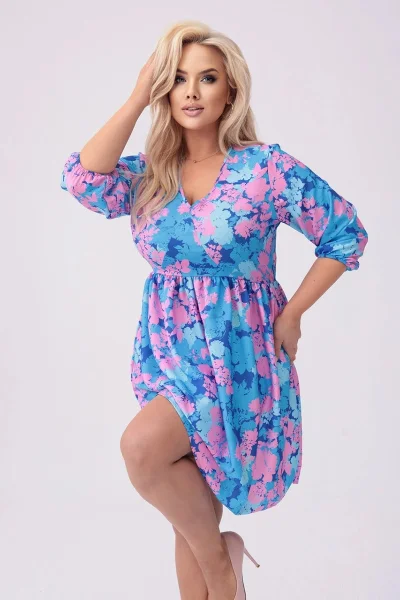 Růžovo-modré dámské vzorované šaty s 3/4 rukávy Moon plus size