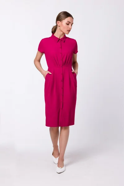 Tmavě růžové dámské košilové midi šaty STYLOVE
