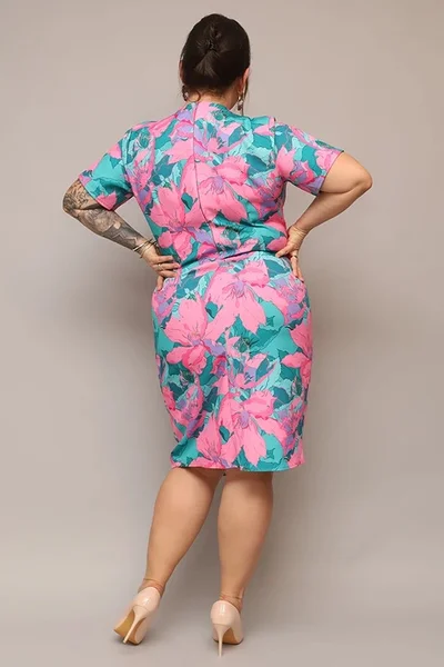 Plus size dámské květované šaty modro-růžové Moon