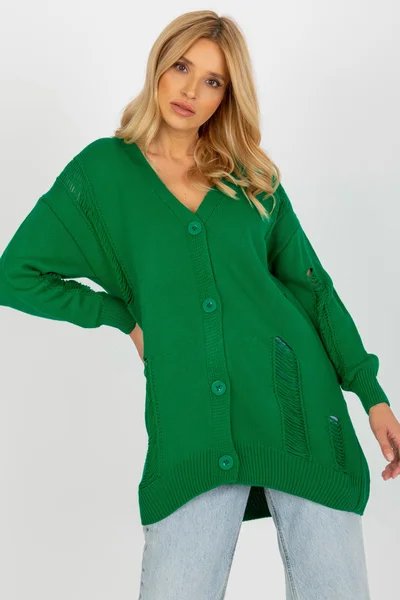 Dámský volný zelený svetr s výstřihem do V FPrice