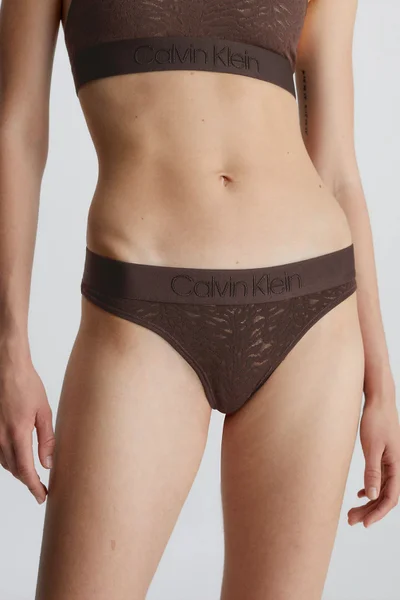 Tmavě hnědá vzorovaná nylonová tanga Calvin Klein