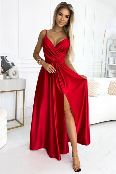 Červené elegantní dlouhé saténové šaty s rozparkem Numoco