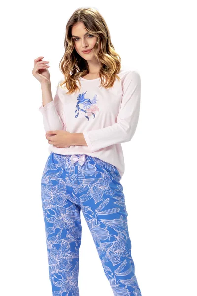 Pohodlné růžovo-modré dámské bavlněné pyžamo LEVEZA