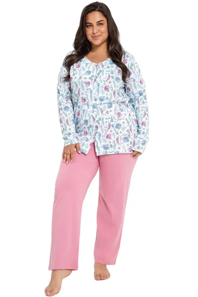 Modro-růžové dámské bavlněné pyžamo Taro plus size