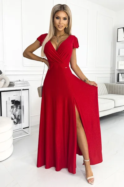 Dlouhé červené šaty s hlubokým výstřihem a rozparkem Numoco