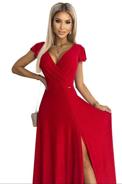 Dlouhé červené šaty s hlubokým výstřihem a rozparkem Numoco