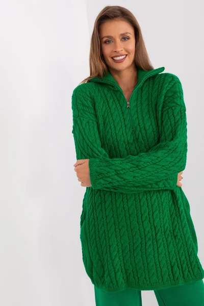 Vzorovaný zelený dámský svetr s límcem FPrice