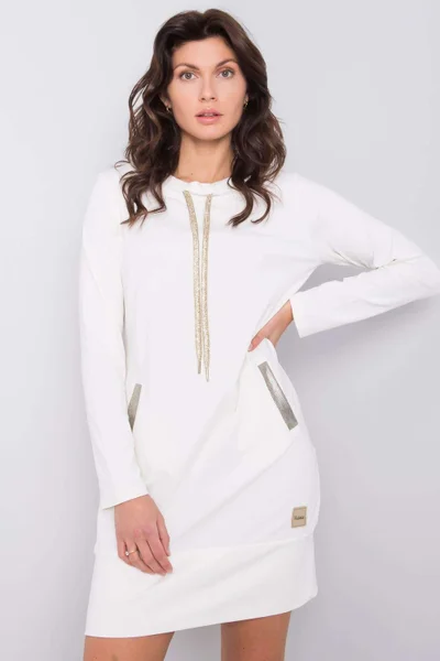 Pohodlné bavlněné mini šaty s dlouhým rukávem bílé RELEVANCE
