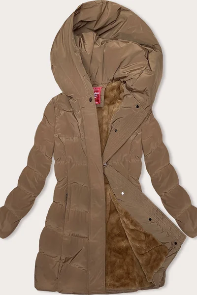 Světle hnědý dámský prošívaný kabát s kapucí LHD
