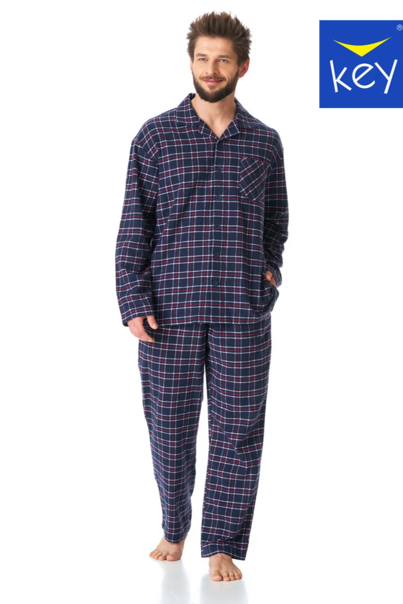 Tmavě modré pánské teplé flanelové pyžamo Key