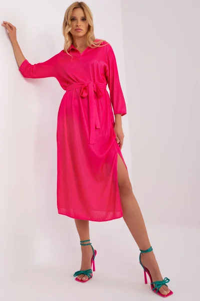 Midi výrazně růžové dámské šaty na zavazování FPrice