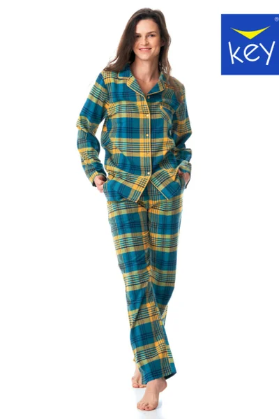 Hřejivé flanelové dámské kostkované pyžamo Key