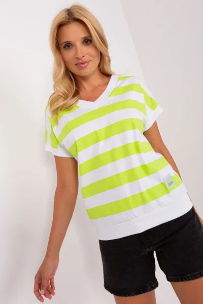 Neon zelené-bílé dámské pruhované V-neck tričko RELEVANCE