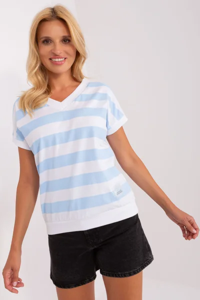 Modro-bílé dámské pruhované tričko V-neck RELEVANCE