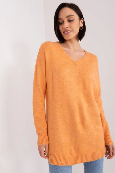 Delší oranžová dámský V-neck pulovr FPrice