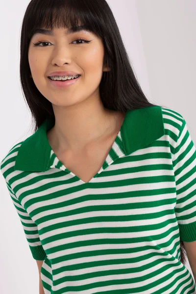 Zeleno-bílé dámské pruhované tričko s límečkem FPrice