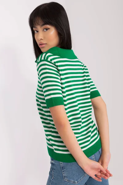 Zeleno-bílé dámské pruhované tričko s límečkem FPrice