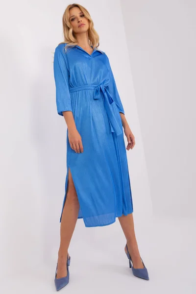 Midi vzdušné denní šaty V-neck FPrice modré