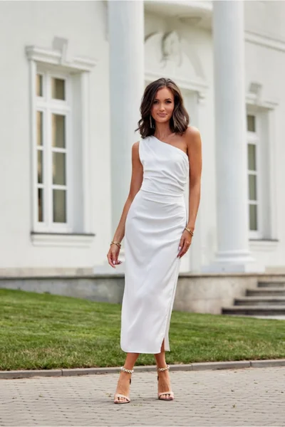 Midi dámské bílé šaty na jedno rameno Roco Fashion