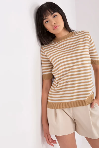 Béžové dámské pruhované tričko s krátkým rukávem FPrice