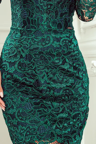 Lahvově zelené krajkové šaty s dlouhými rukávy a s výstřihem Numoco 170-9