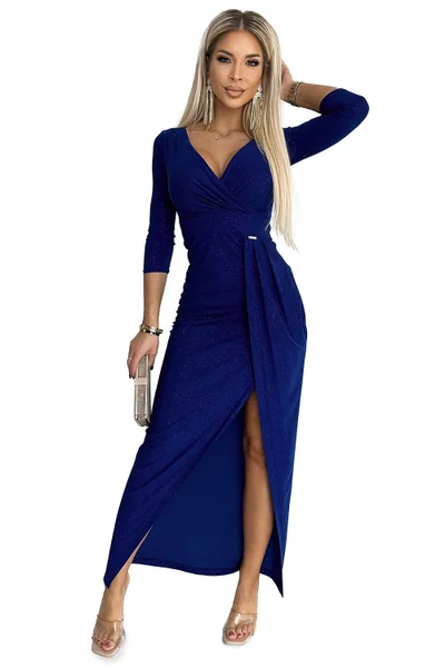 Tmavě modré společenské dámské šaty s rozparkem Numoco