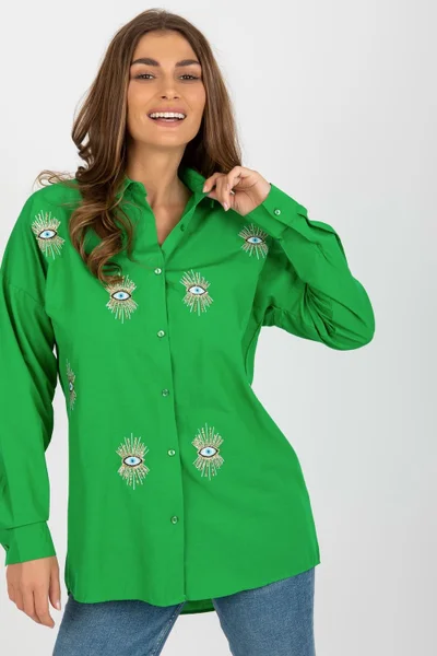 Volná zelená dámská košile s výšivkou Factory Price